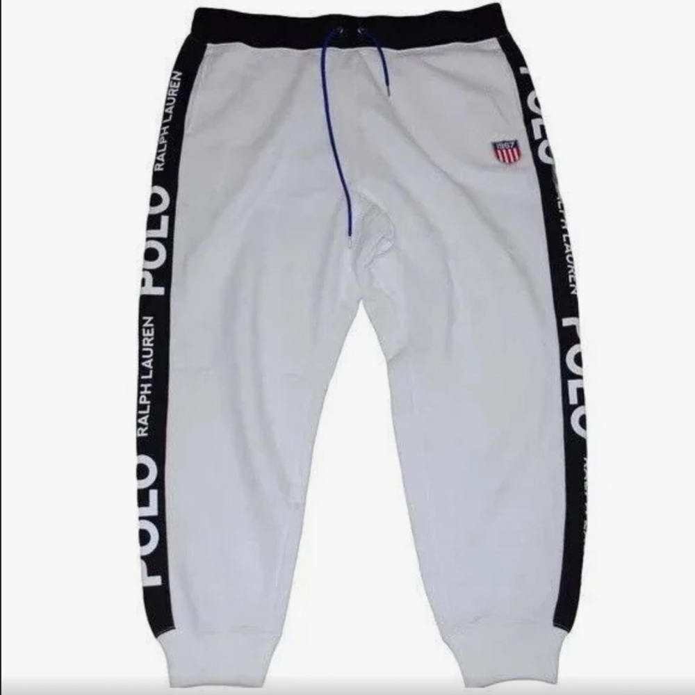 Polo Ralph Lauren Men's Fleece Joggers White Front, Sides Black Embroidered